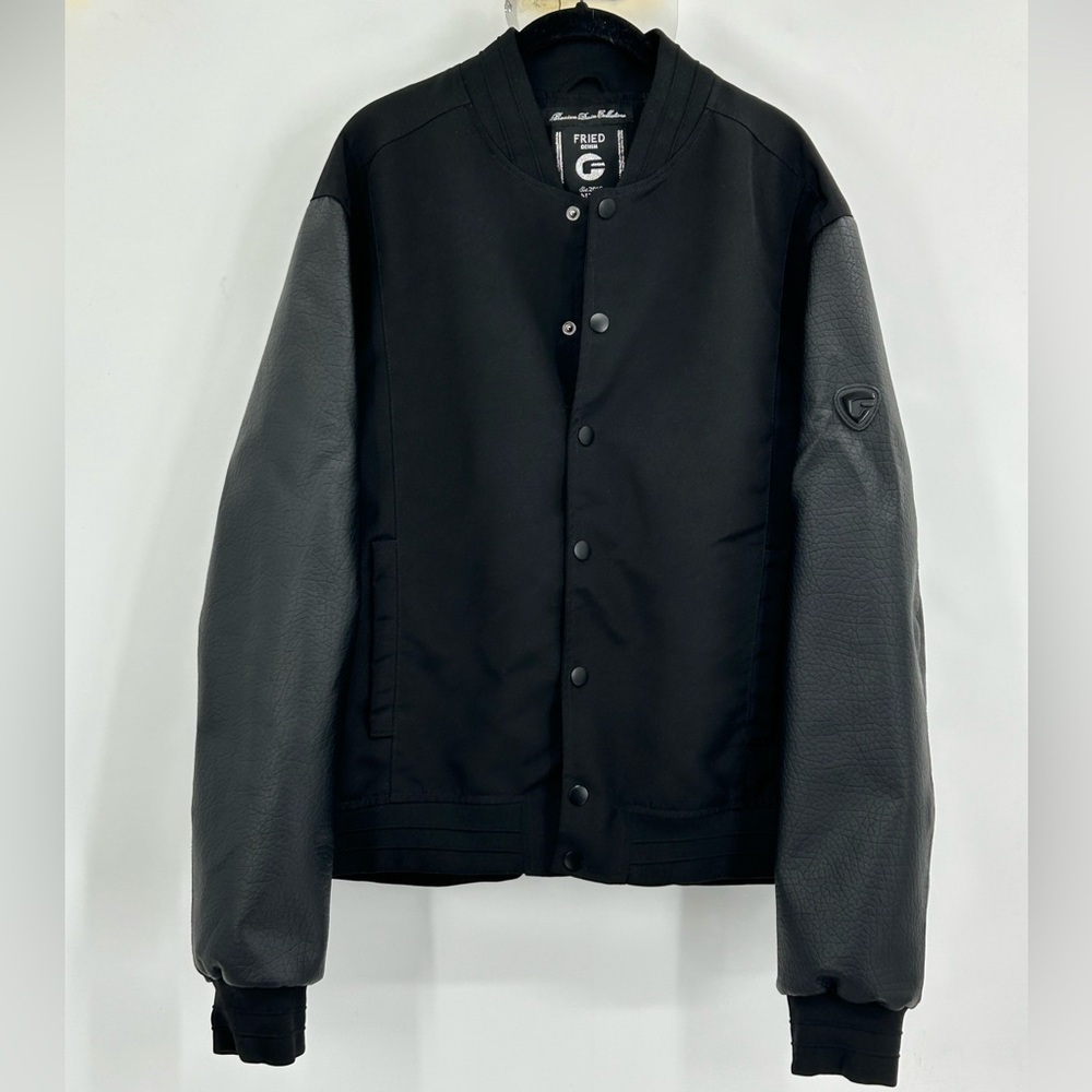 Fried Denim Black varsity jacket textured sleeves and button snaps Size XL